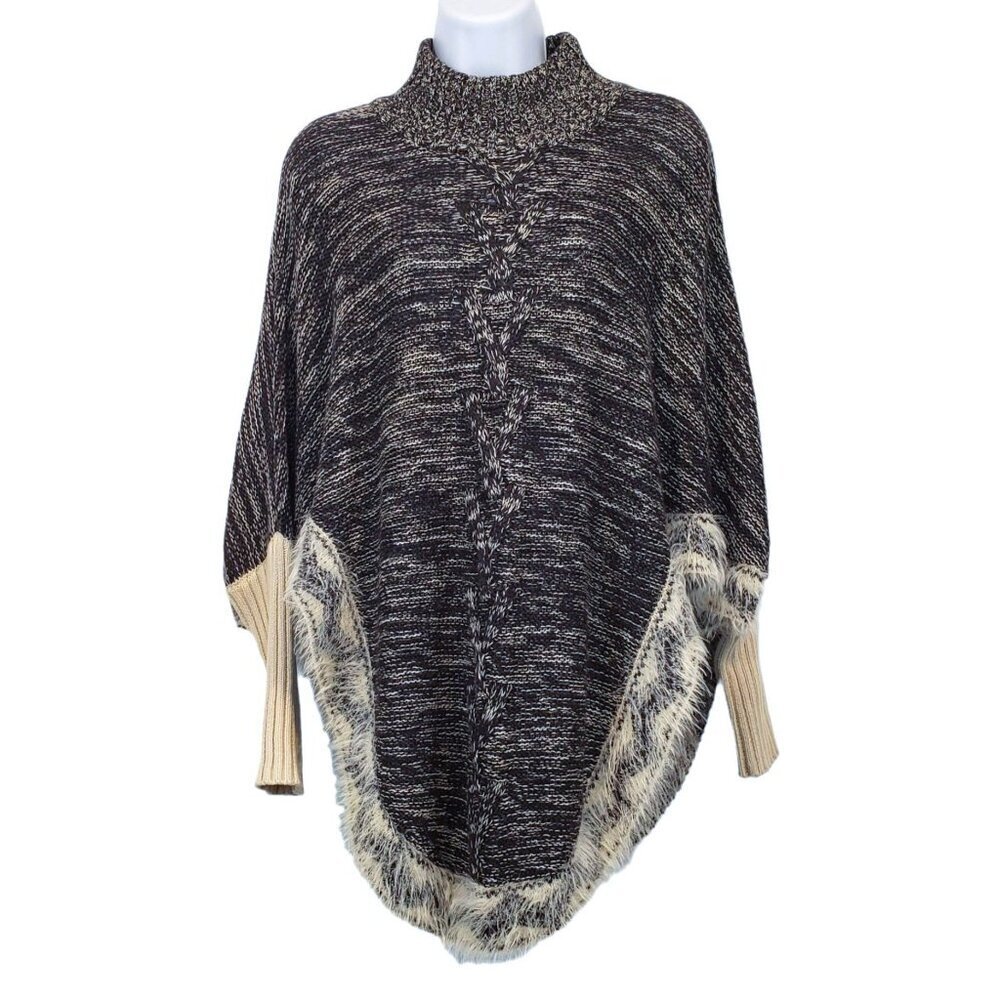 Max Studio Poncho Sweater Eyelash Fringe Black Boho Hippie Festival Womens M